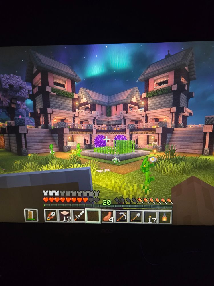 Minecraft L shaped pink house with two towers and two staircases. Northern lights above it and flowery grass in front. 