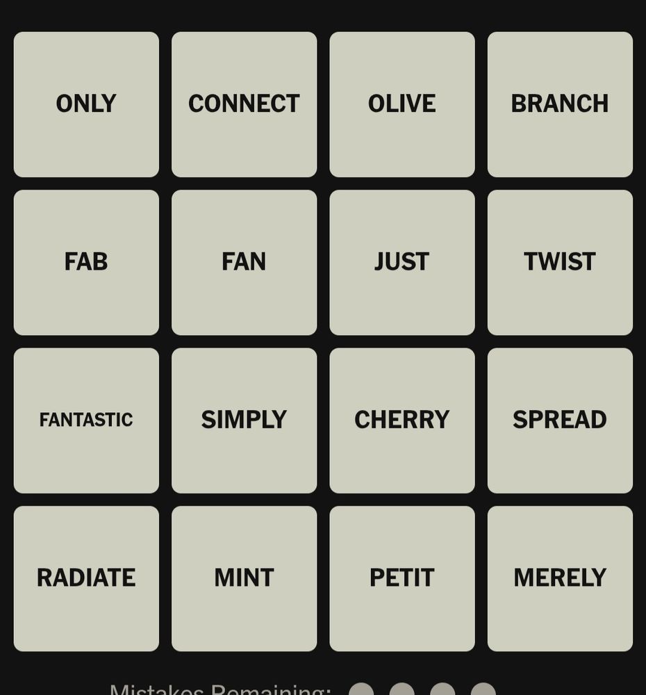 NYT Connections grid for 27/10/2025, first row reading "Only Connect Olive Branch"