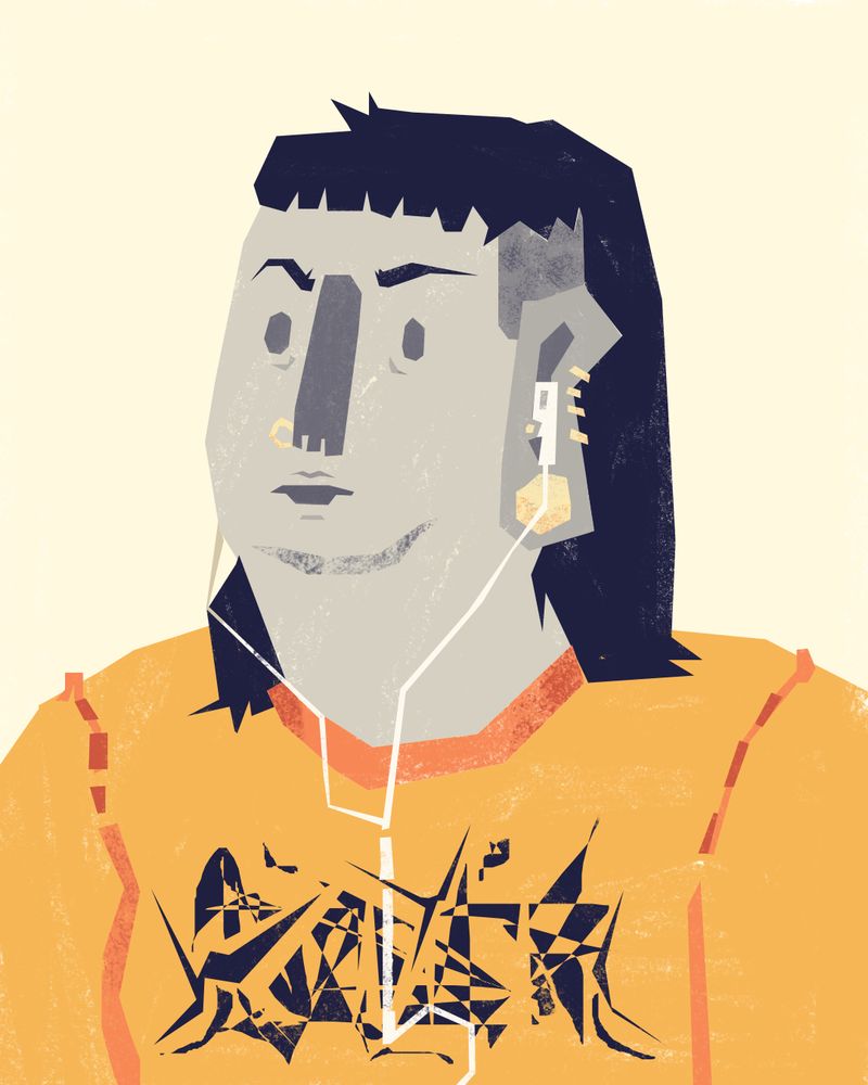 A stylized digital illustration of a person with angular features, wearing a bright orange shirt with a bold abstract design, multiple gold earrings, and earphones, gazing thoughtfully into the distance.