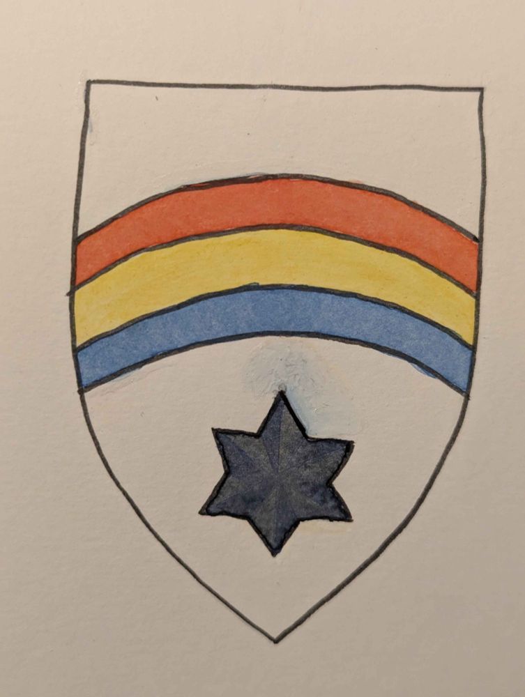 Gecktron's Escutcheon. A heraldic rainbow above a six-pointed star in black, all on silver.