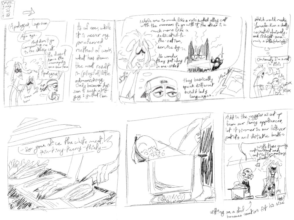 Style goes full chibi. He bows repeatedly as they turn around.
"Apologies, Cap-san."
"Aye aye. And don't ho comparing me to the stinky cat. He doesn't have the monopoly on a sour face."
"Apologies!"
Self-monologue: "As of now, while it is never my preferred method of work, what has shown the most result is (playful) little admonishing. Only because Yagi-san is such a big guy I go that far."

Close-up to Cap's upper face as their thought bubble pictures a smiling yagi with droopy dog ears, collar giving paw and a hissing, glaring cat-eared Aizawa, scar from the USJ incident peeking from behind his scarf showing a clawed paw, and they think:

"While one is much like a rain soaked alley cat with the manners to go with it, the other is much more like a dedicated-to-the-nation, service dog. No wonder they get along so one-sided. They basically speak different social and body languages."
Then as they yoink loads of things into the cart Yagi pushes, their train of thoughts develop, "which zould make Yamada-kun a chatty cockatail obviously, and Midnight-sama... mmh, a bitch (adoringly)? Obviously I'm a rat in this." 

Yagi looks at them questioningly as they "fufufu" like a happy idiot.

Cuts to Cap's hands busying over a counter with a knife, a bowl of vegetables still whole on the side. "-so you slice the white meat thin-tiny-teeny-thinly-"
They pour hashed down onions into a large fuming pot. "Add in the veggies all cut up from your fancy appliances, let it simmer in our leftover potato and shitake broth_ with their spunky antioxidant and antiinflammatory plants." They smile and put down the lid. Yagi is humming with them carefree as he busies over a pan and stuff, wearing a sunflower apron. Annotation adds that Cap is sitting on a stool because the counters fit his BIG size.