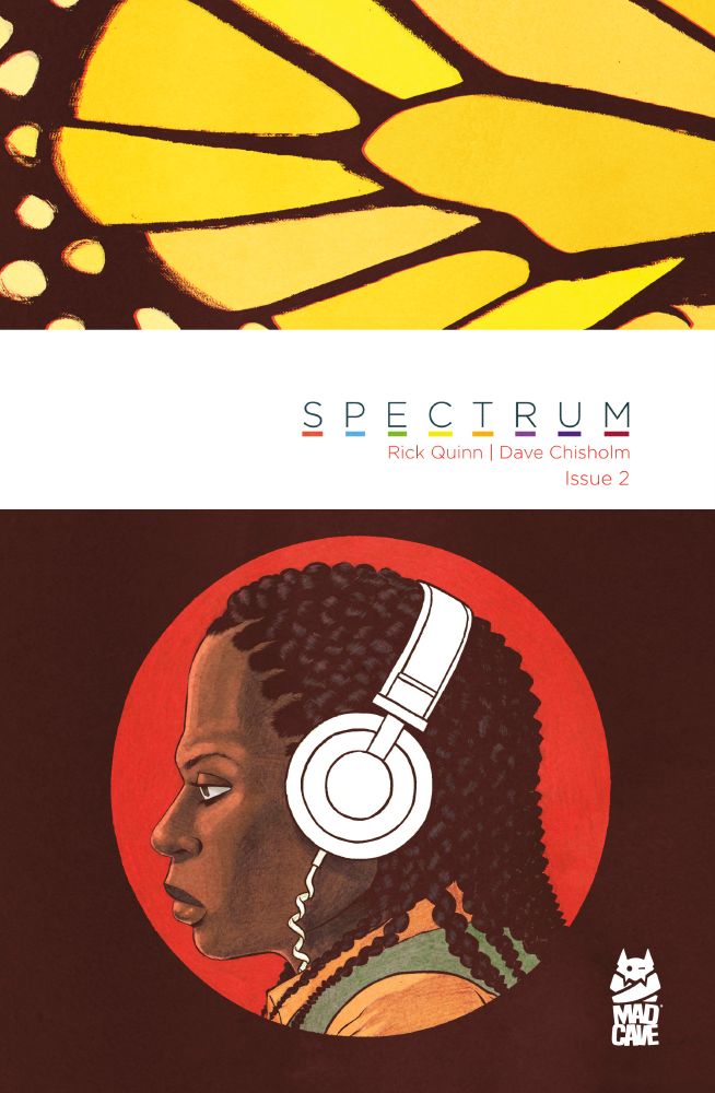 The cover to the second issue of SPECTRUM. Ada Latimer wears white headphones against a red background while a harsh yellow-orange butterfly wing in extreme close-up lines the top of the image. 