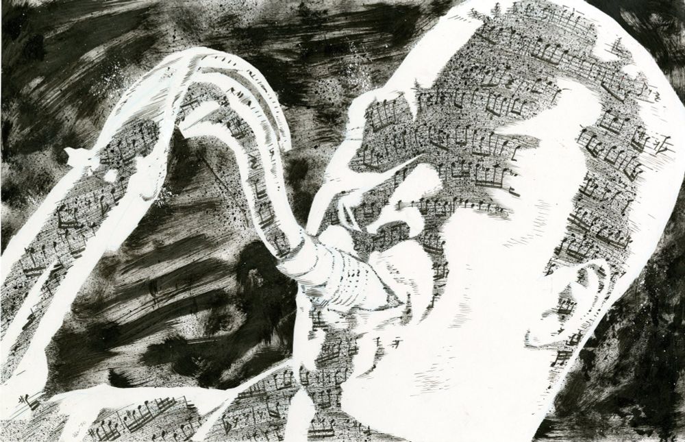 An ink drawing of John Coltrane, with the notation from one of his improvisations superimposed over the shadows on his face and saxophone 