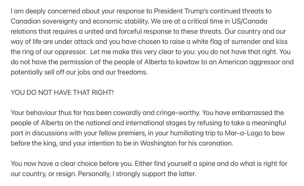 Email to Alberta Premier