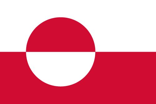 Greenland flag, white on top hslf, red on bottom, with off-center circle divided into red and white.