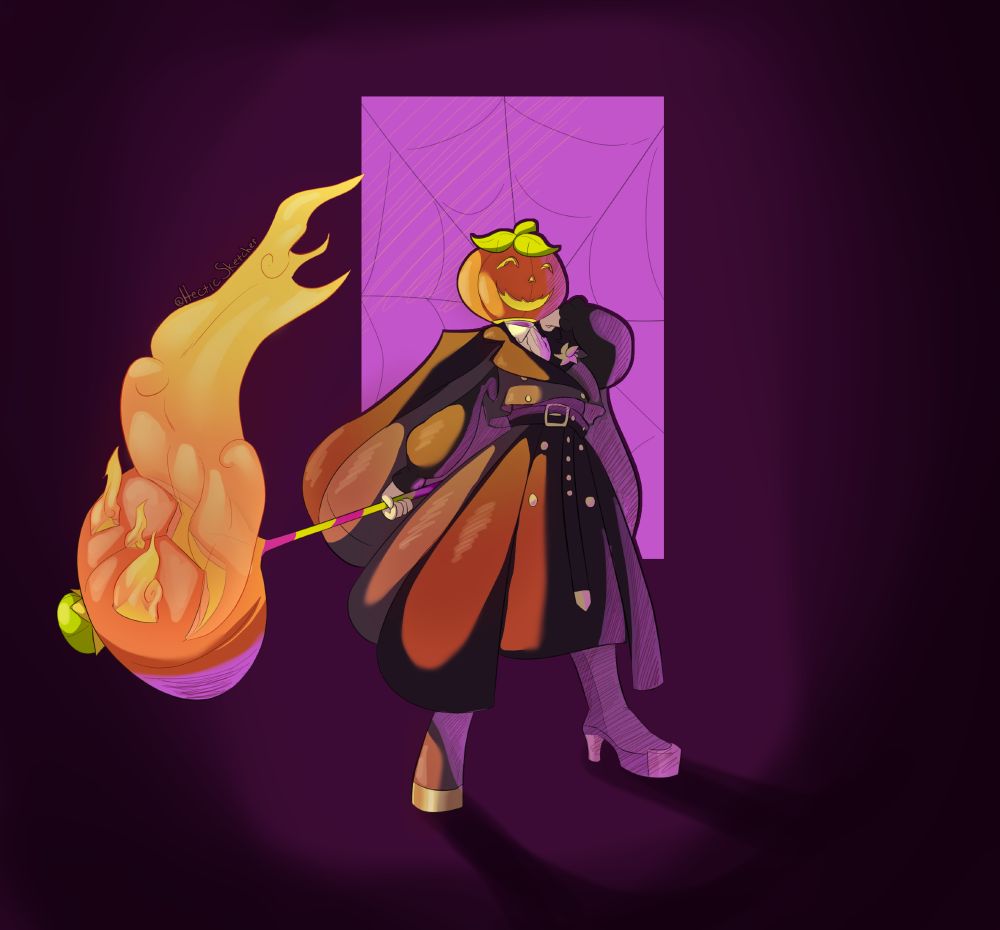 Kurara Oosuzuki, with a pumpkin head and a large pumpkin scepter that may as well be a hammer. Fire erupts from the scepter's eyes mouth and nose.