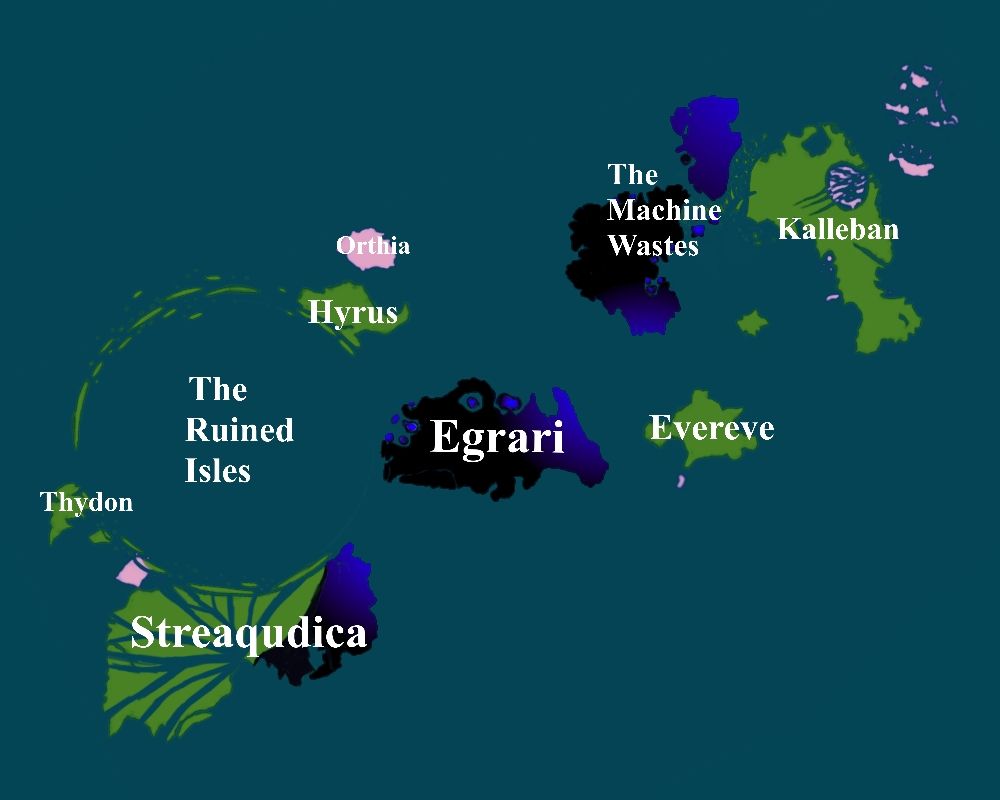 The secondmost recent iteration of my fantasy setting's map; Streaqudica is the southwestern continent that has been shattered, with purple and black representing the wastelands of a machine uprising. Above that is Thydon, and the Ruined Isles, near a region of sea that is unnaturally still. Hyrus is near the Isles, neighbored by Orthia. The center continent of egrari is purple and black, representing the machine wasteland once more. Next to Egrari are Evereve and the Machine Wastes. Next to those is the continent of Kalleban, which is the easternmost continent listed on this map, although there are several other regions not listed here