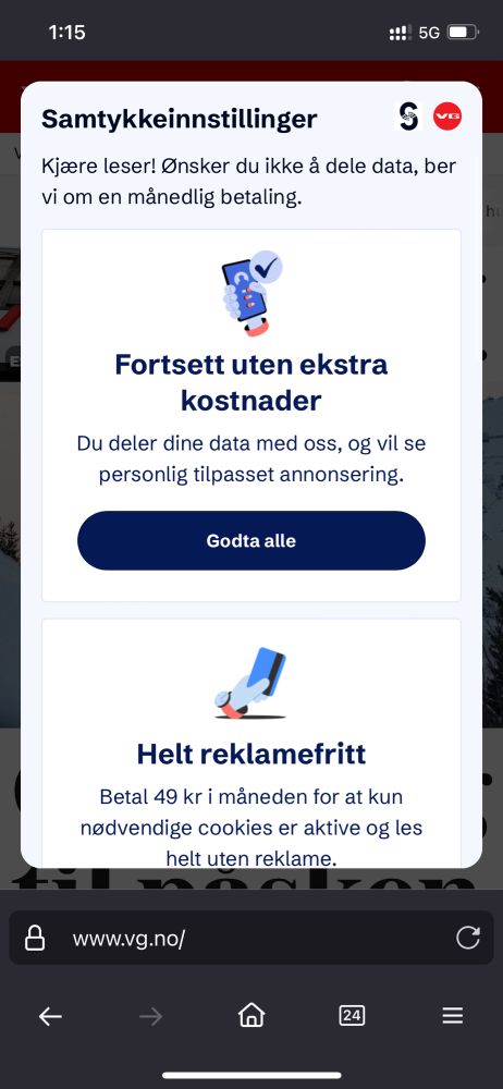 VG, a newspaper in Norway, has introduced the pay-or-we-track-you model