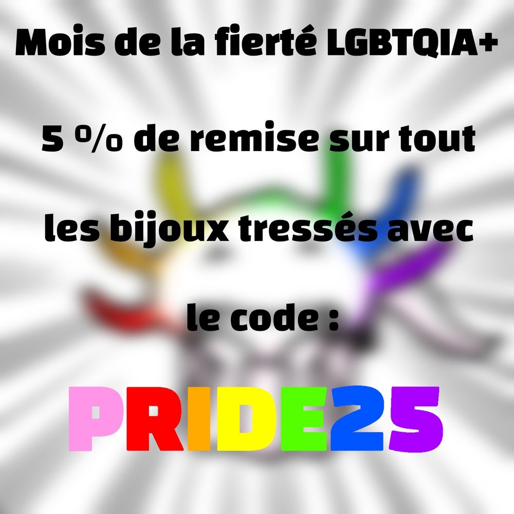 Texte : "Mois de la fierté LGBTQIA+ : 5% de remise sur tout les bijoux tressés avec le code PRIDE25"
Pride25 est ecrit aux couleurs du drapeau arc en ciel.