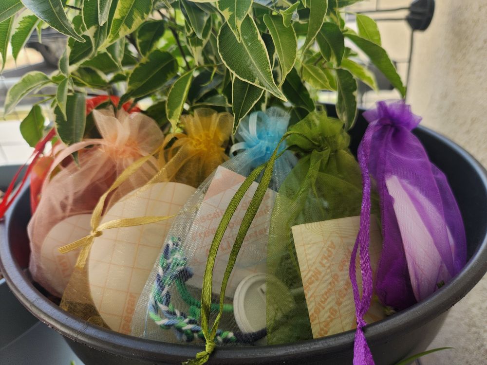 Plusieurs petites pochettes en organza remplis de divers produits et posées devant une plante. Chaque pochette a une couleur différente pour créer un arc en ciel de pochettes.