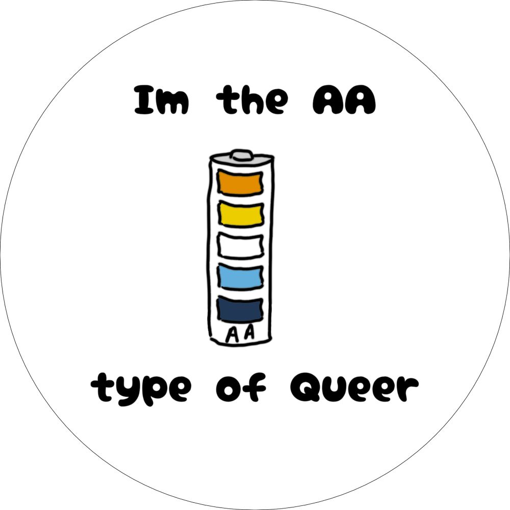 badge représentant une pile avec le texte au dessus et en dessous "I’m the AA type of Queer". Dans chaque pile des petits carrés comme les icônes de chargement. Le badge a ces carrés de chargement dans différentes couleurs représentant le drapeau Aroace (orange jaune blanc bleu ciel bleu petrole).
