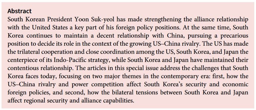 JEAS abstract discussing South Korean President Yoon Suk-yeol's foreign policy, focusing on strengthening alliances, particularly with the United States, and the geopolitical relations between South Korea, China, and Japan.