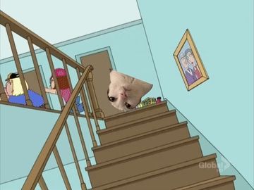 a cartoon scene with a picture of a family on the wall above a staircase