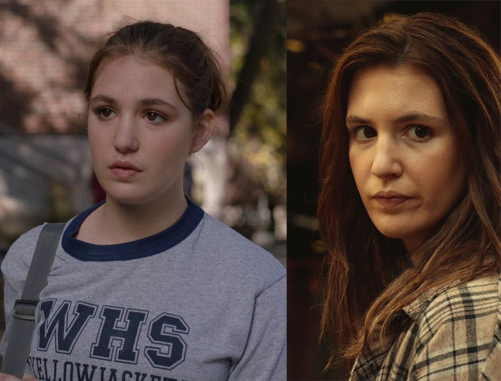 a screenshot of teen shauna from the yellowjackets pilot next to a screenshot of her from the season 3 trailer, looking significantly older and more haggard
