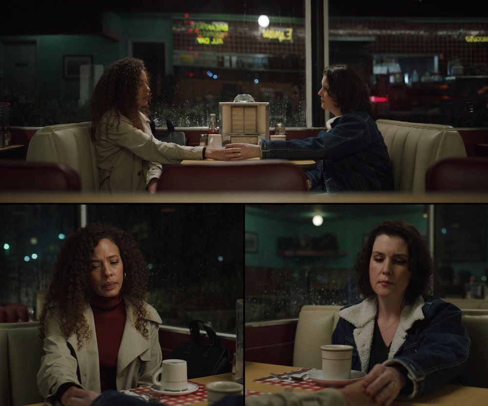 three stills of adult shauna reaching across a diner table to hold taissa's hand in the yellowjackets pilot. they both look a bit forlorn or wistful