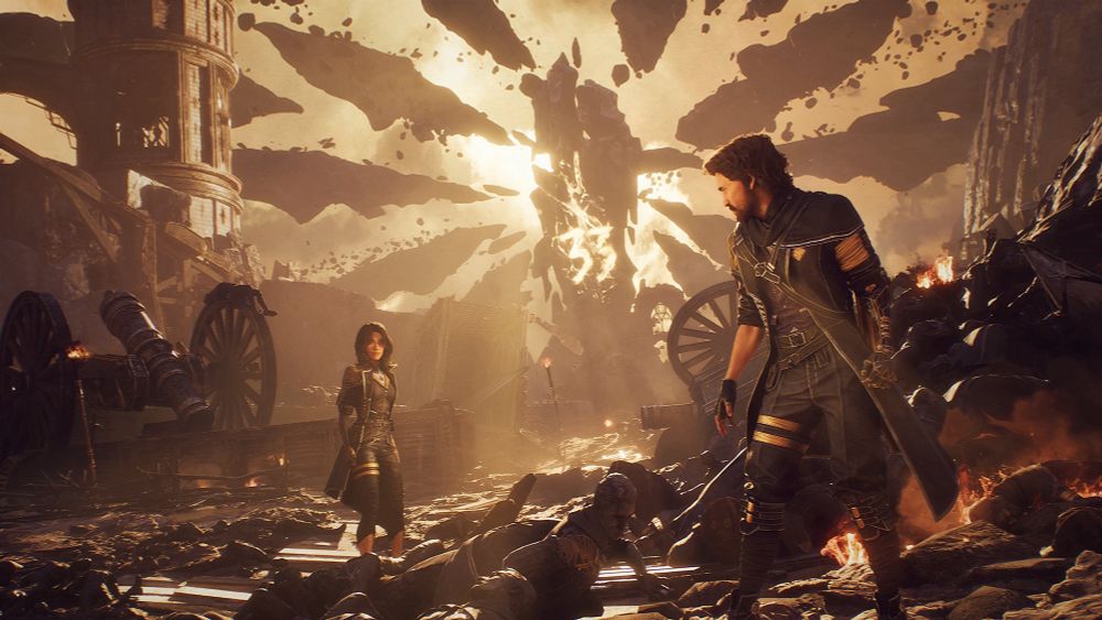 Image from the video game Clair Obscur: Expedition 33. The characters Gustave and Lune are on a battlefield. A monolith in the background has a giant 33 pained on it.