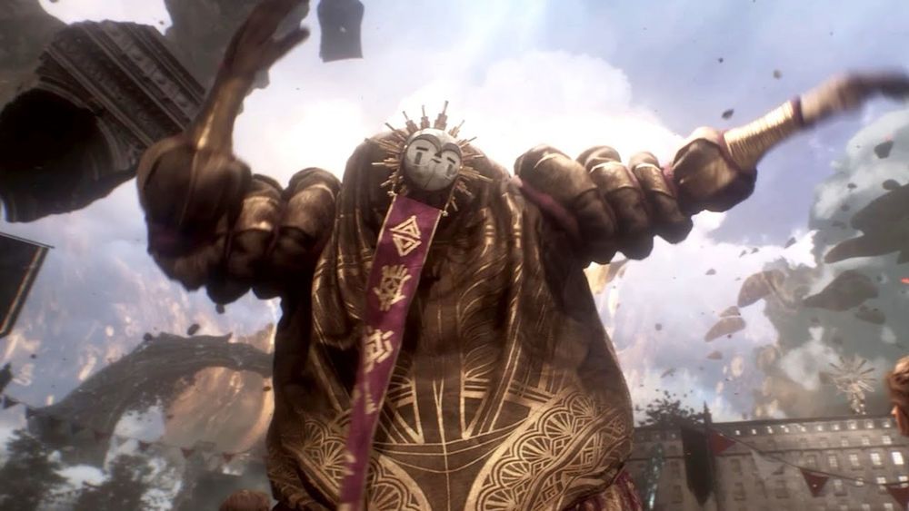 A picture of Esquie from the game Clair Obscur: Expedition 33. He is a large being with brown and gold medieval robes, a red scarf, wearing a sun mask with white mime face paint.