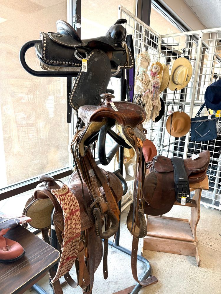 Display of saddles for sale at a rural Idaho thrift store