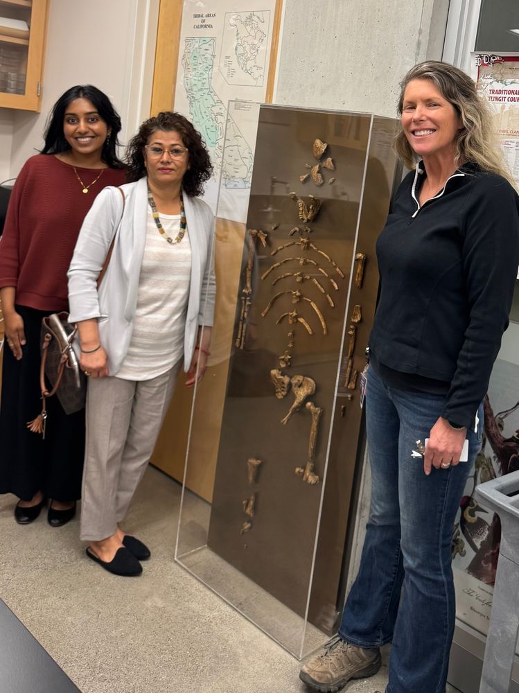 Three people standing and smiling next to a cast replica of the fossil skeleton "Lucy"