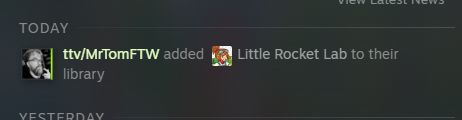 A screenshot of Steam showing that I purchased Little Rocket Lab today