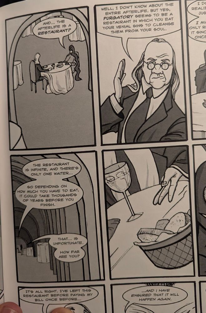Four black and white panels from the Dr. McNinja webcomic where the spirit of Benjamin Franklin explains to a newly deceased man that purgatory is an infinite restaurant with only one waiter so it's a long wait for your sins to be served