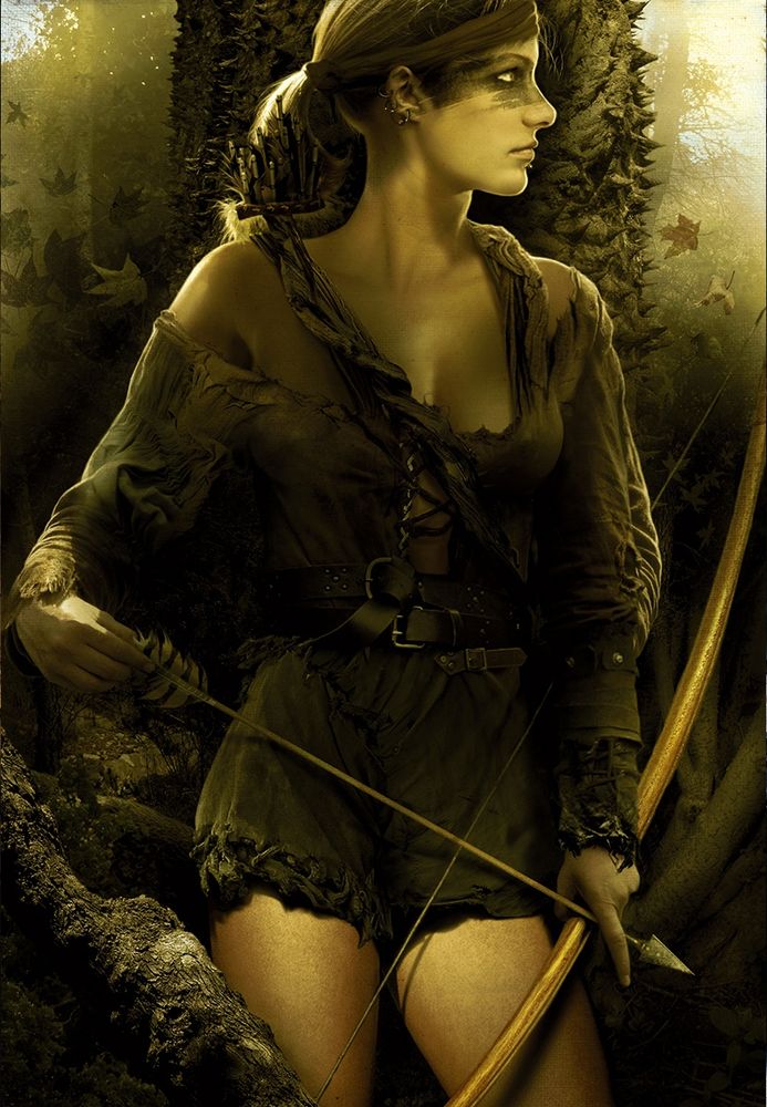 A girl (Milva from the Witcher saga) on the forest holding a bow and arrow