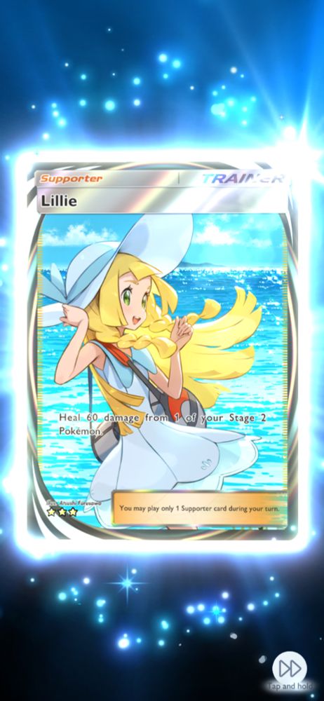 screenshot from pokemon tcg pocket of a very rare Lillie illustration card being obtained