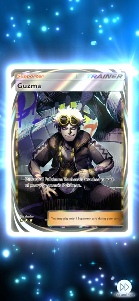 screenshot from pokemon tcg pocket of a very rare Guzma illustration card being obtained