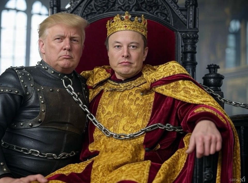 Donald Trump as a leather-clad submissive, chained to Elon Musk in full King regalia, seated on a throne. 