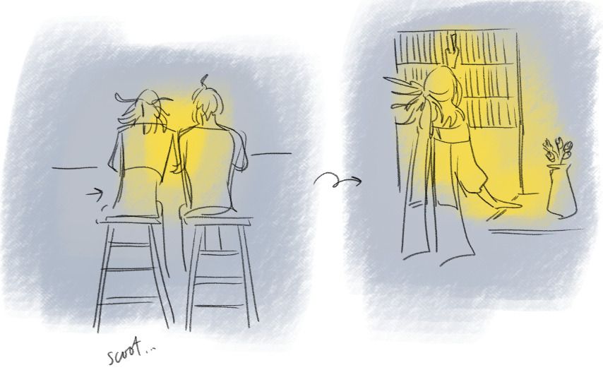 (left)
Kaveh and Alhaitham sit on stools at a counter, Kaveh scoots his chair closer till their shoulders touch. the gray sits around them as a gold hue blooms around their shoulders

an arrow points left to right, their personal relationship reflects in how they live in the house...

(right)
Kaveh is exploring the house! His hands linger on tabletops as he enjoys the feel of their wood! He touches and adores the collection of books in Alhaitham's library.. the gray hue surrounds the gold that surrounds kaveh, the bookshelf, and the sidetable w/ blooming flowers.