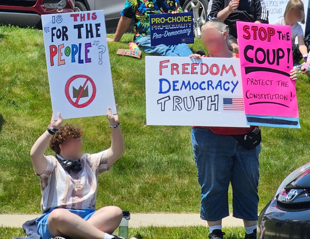 Protestors in Kalamazoo, MI holding signs that read, "Is this for the people?", "Freedom. Democracy. Truth", and "Stop the Coup; Protect the Constitution"