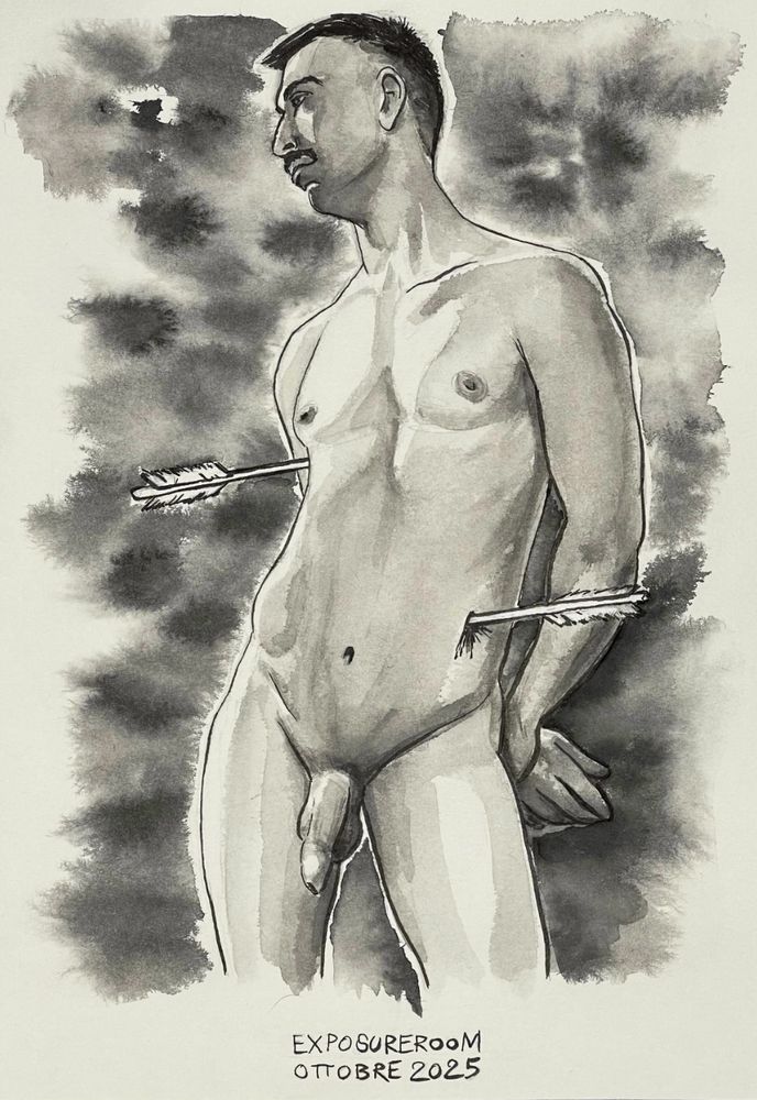 A naked standing young man, pierced by two arrows