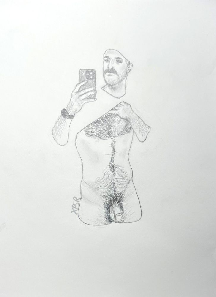 bozzetto a matita di un ragazzo nudo con i baffi che si fa un selfie allo specchio con un iPhone