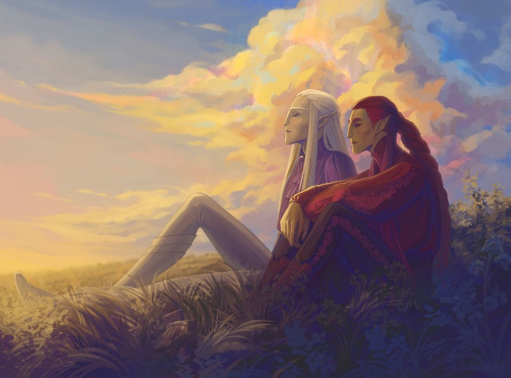 Two elves sit on a hill in the tall grass, admiring the setting sun. In the background is a large cloud, illuminated by the sun and flashes of magic (similar to the northern lights).
Art for Shaan @ellirhshaan.bsky.social