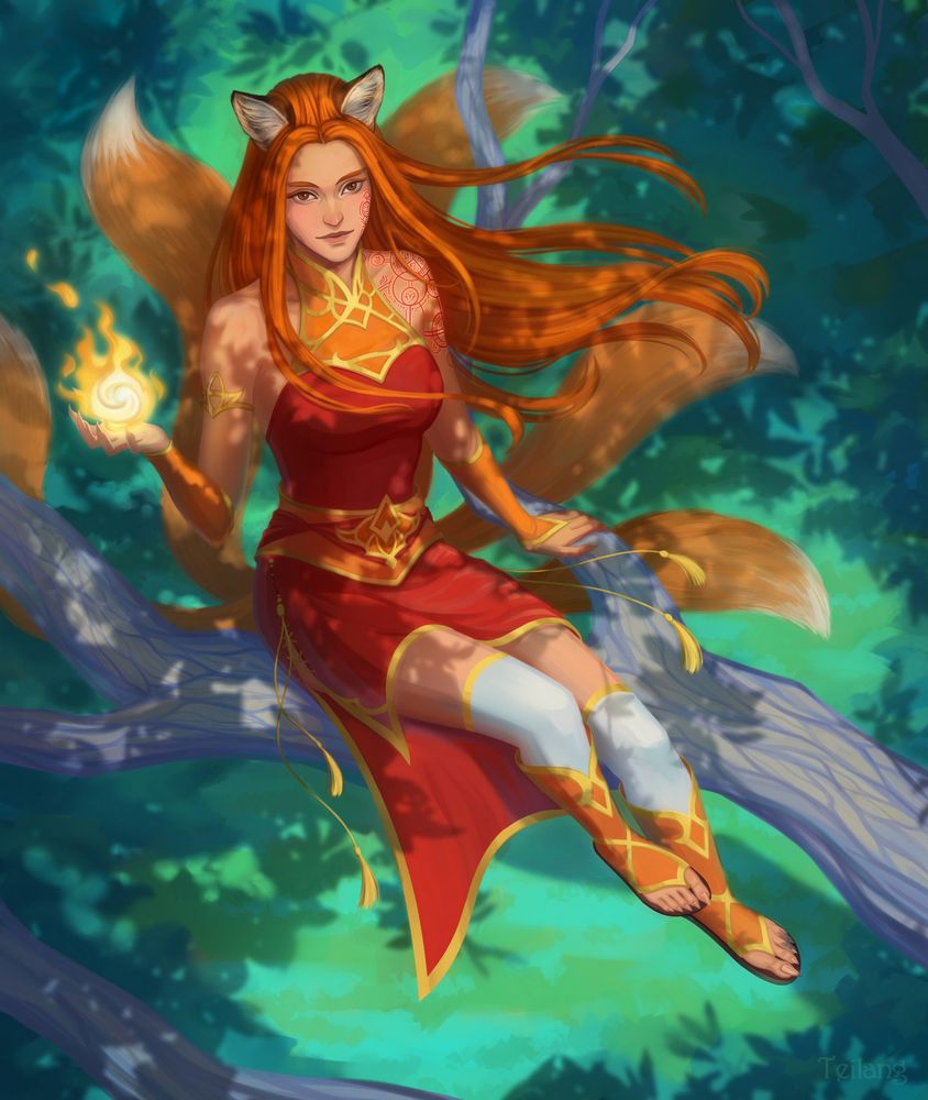 A red-haired kitsune sits on a tree branch on a sunny day, a flame dancing in her hand.