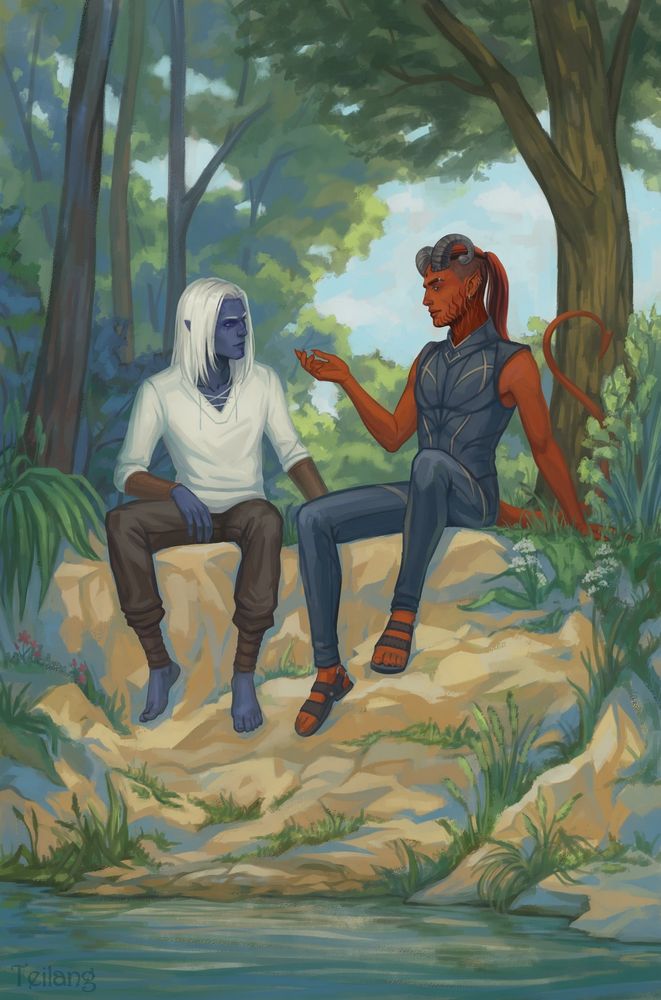 A dark elf and a tiefling are sitting on a low cliff above the river. 2 BG3 Tav.