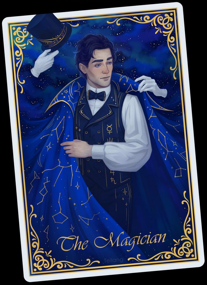 Magician in the form of a tarot card. Art trade with @cyrilnihil.bsky.social