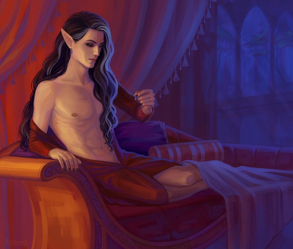 A guy with long black hair sits on a sofa and examines an earring he holds in his hand.
Art for Nodens