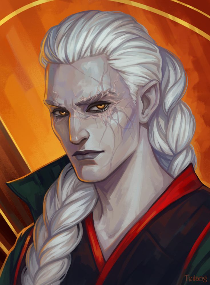 Portrait of a white-haired man with scars on his face.