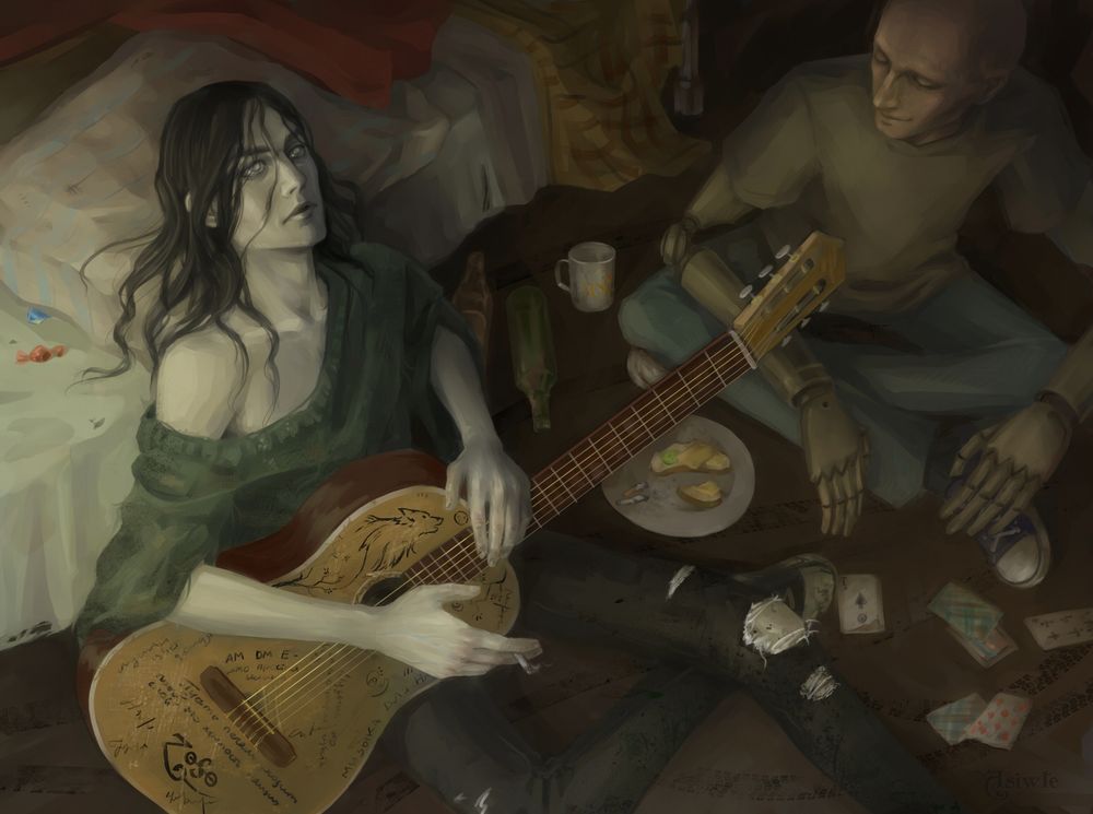 Two teenagers in an orphanage spend their day in a cluttered room. One holds an old guitar and stares at the ceiling, smoking a cigarette.
Illustration for the book by Mariam Petrosyan "Grey House"