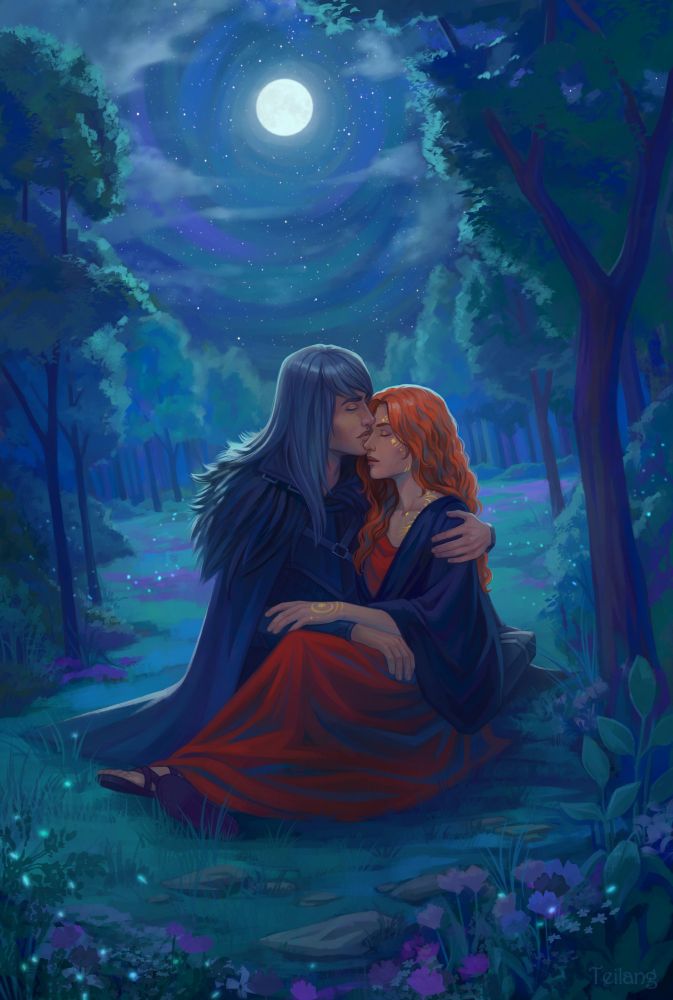 Lovers in the night forest. Full moon illuminates the forest clearing and the seated people. Commission art.