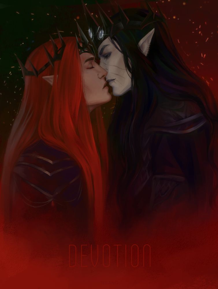 Sauron and Melkor almost kiss. Art in red tones, the inscription below - Devotion.

I painted to an inspiring song with the words:
"I wanted to show how I burn with fire,
How the world changes - and it's all about you -
How a monster awakens somewhere right inside me!"