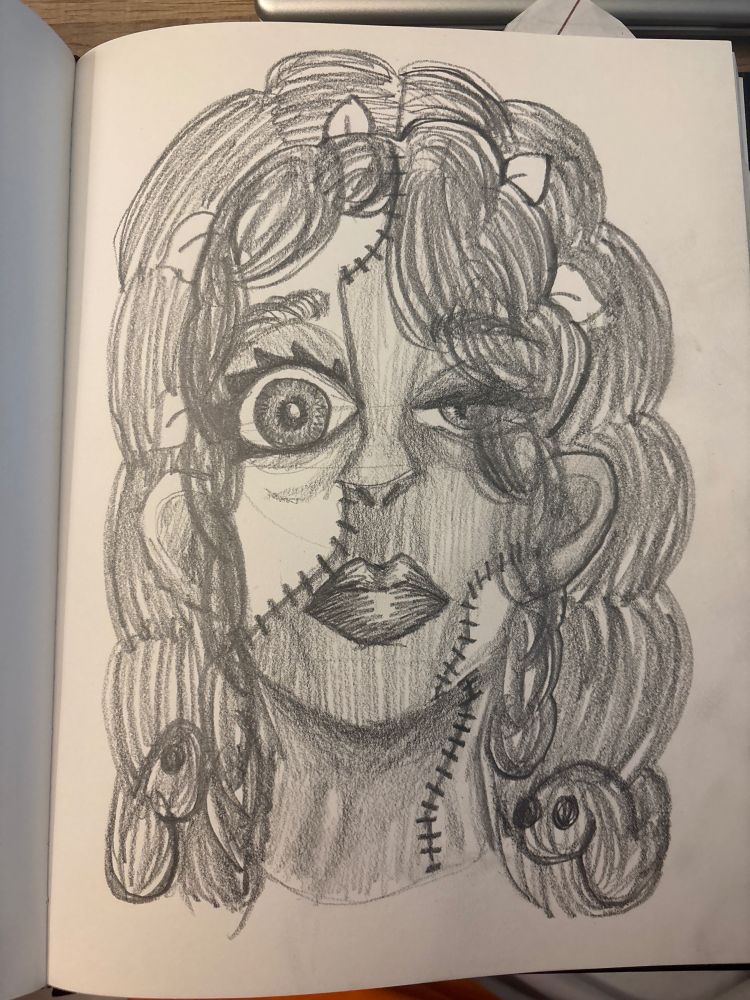 Pencil sketch of ZombieCleo from the neck up.