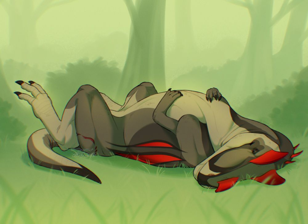 A ceratosaurus sunbathing mid-day in a forest.
