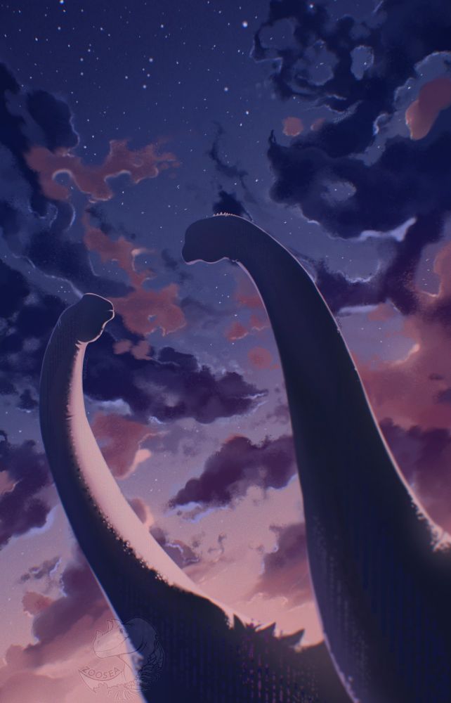 A purple and pink cloud-filled evening sky with stars sprinkling the space. Two Argentinosaurus dinosaurs lock eyes.