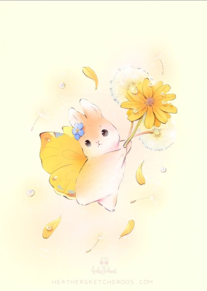 A bunny with butterfly wings holding dandelions and a creeping zinnia