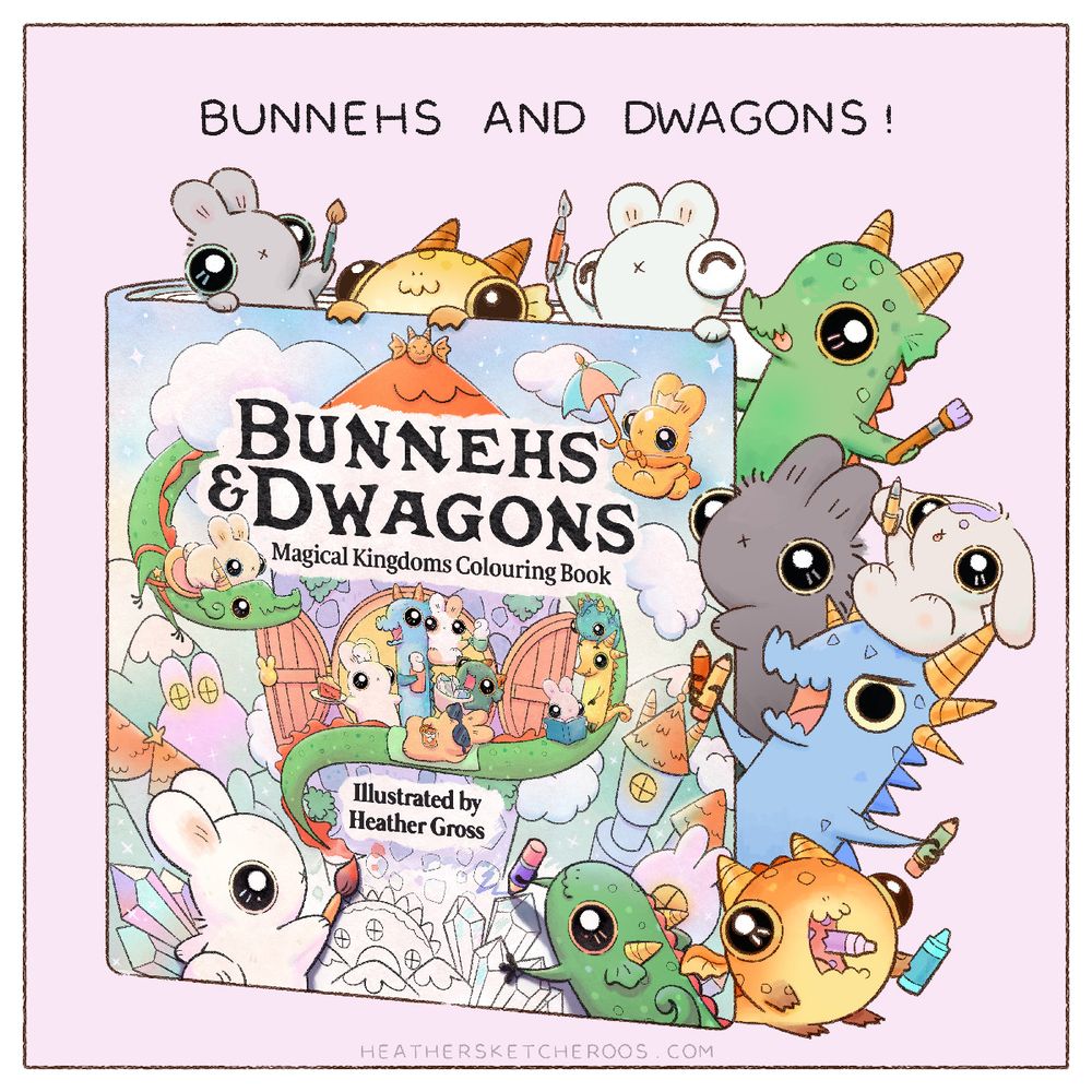 Fluffeh and fewocious little Bunnehs and Dwagons peeking out from their very own coloring book!