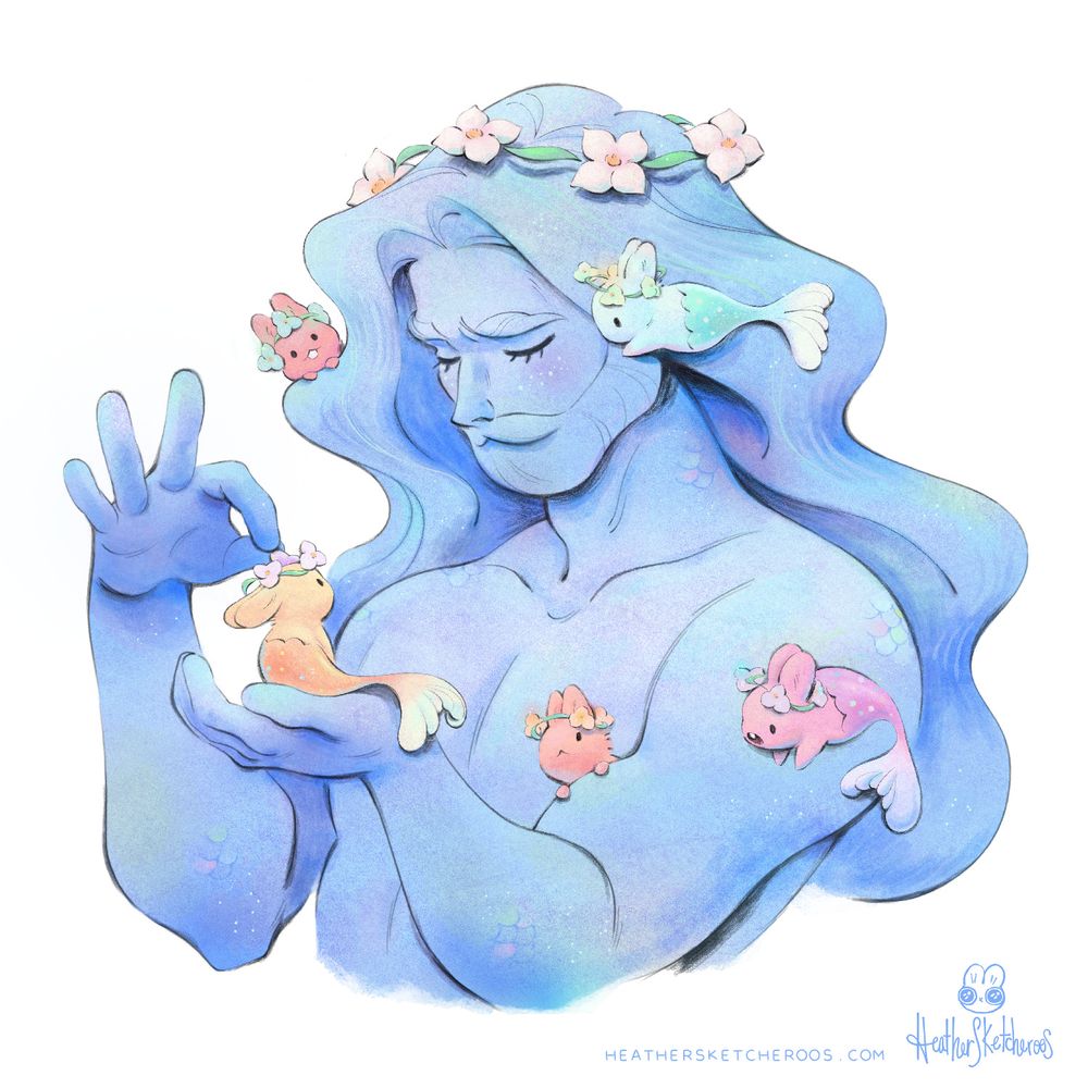 A merman making delicate flower crowns for tiny bunny fish 