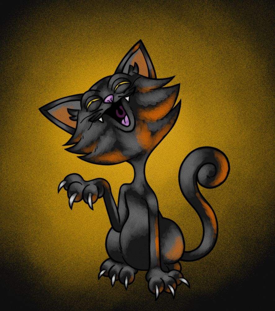 A black cat eyeing you with one paw raised, and an ominous orange glow behind them.