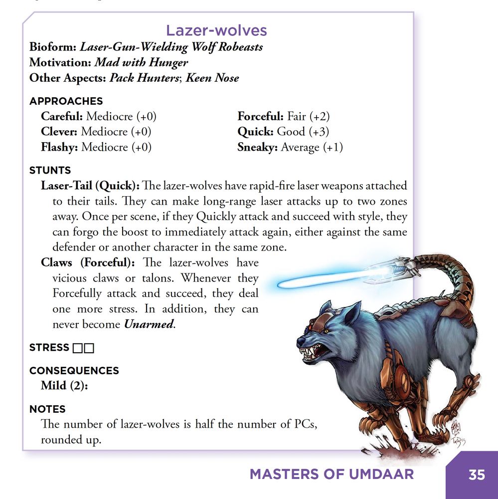 The statblock for Lazer-wolves in Masters of Umdaar (2015), with an illustration showing a running wolf with cybernetic implants including a metallic tail blasting a blue laser ray.